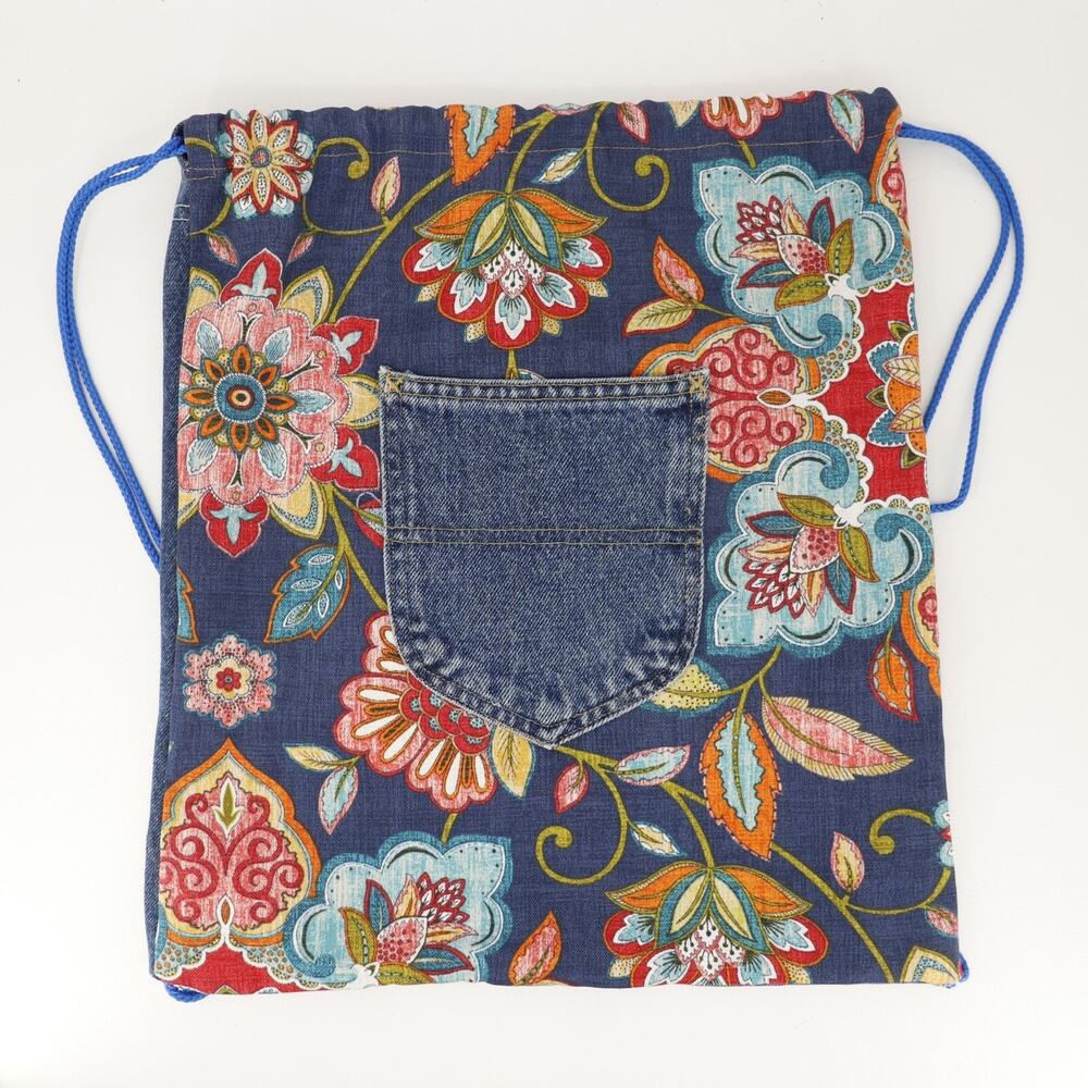 Handcrafted Drawstring Handbag Women Denim Front Floral Canvas Backpack